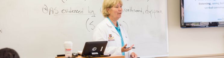 A nursing instructor at Jersey College presents a lecture in front of a class of nursing students.