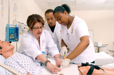 Nursing students in a lab classroom